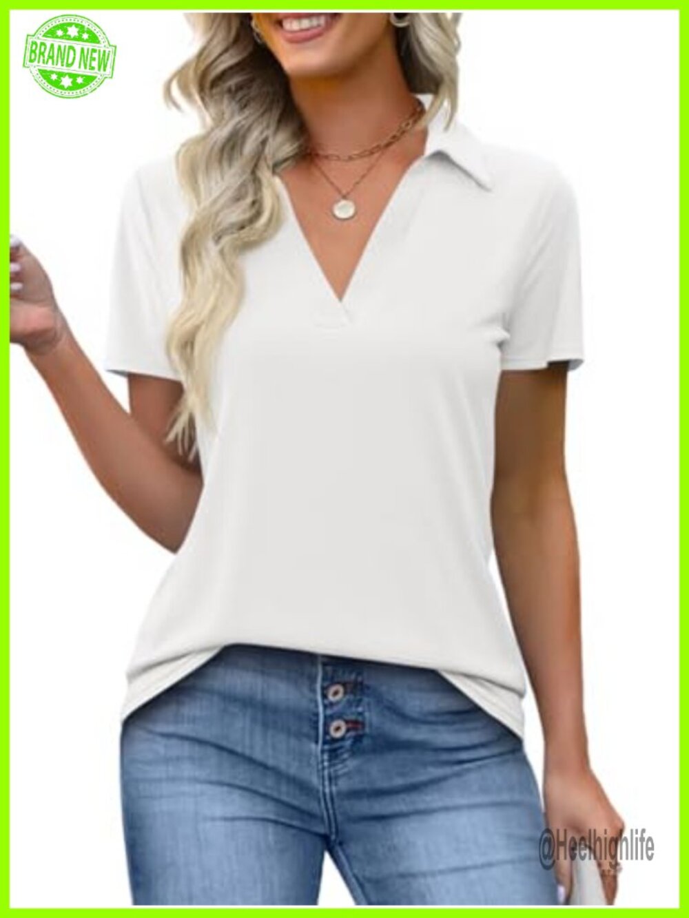 Short Sleeve Polo Shirt V Neck Collared Top Relaxed Fit Women's Casual